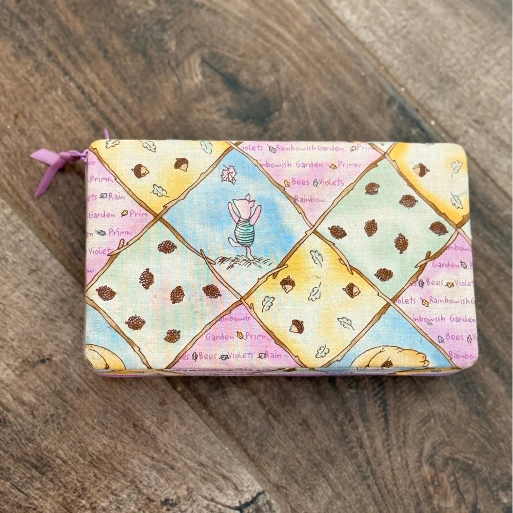 Disney Winnie the Pooh Vintage Pastel Patchwork Fabric Zip Closure Jewelry Case